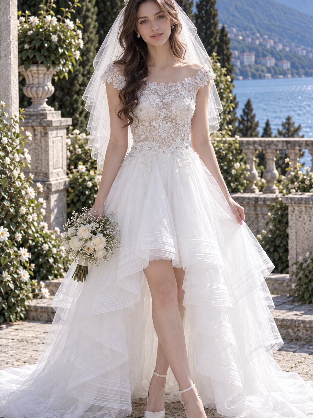 White Floral Lace High-Low Wedding Dress with Train & Beaded Details
